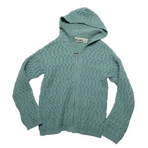 Aran Crafts Sweater Womens Medium Green Merino Wool Hooded Zip Cable Ireland